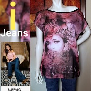 Unique Rare Find Silky Front David Bitton Artistic Graphic Roses Floral Top XL